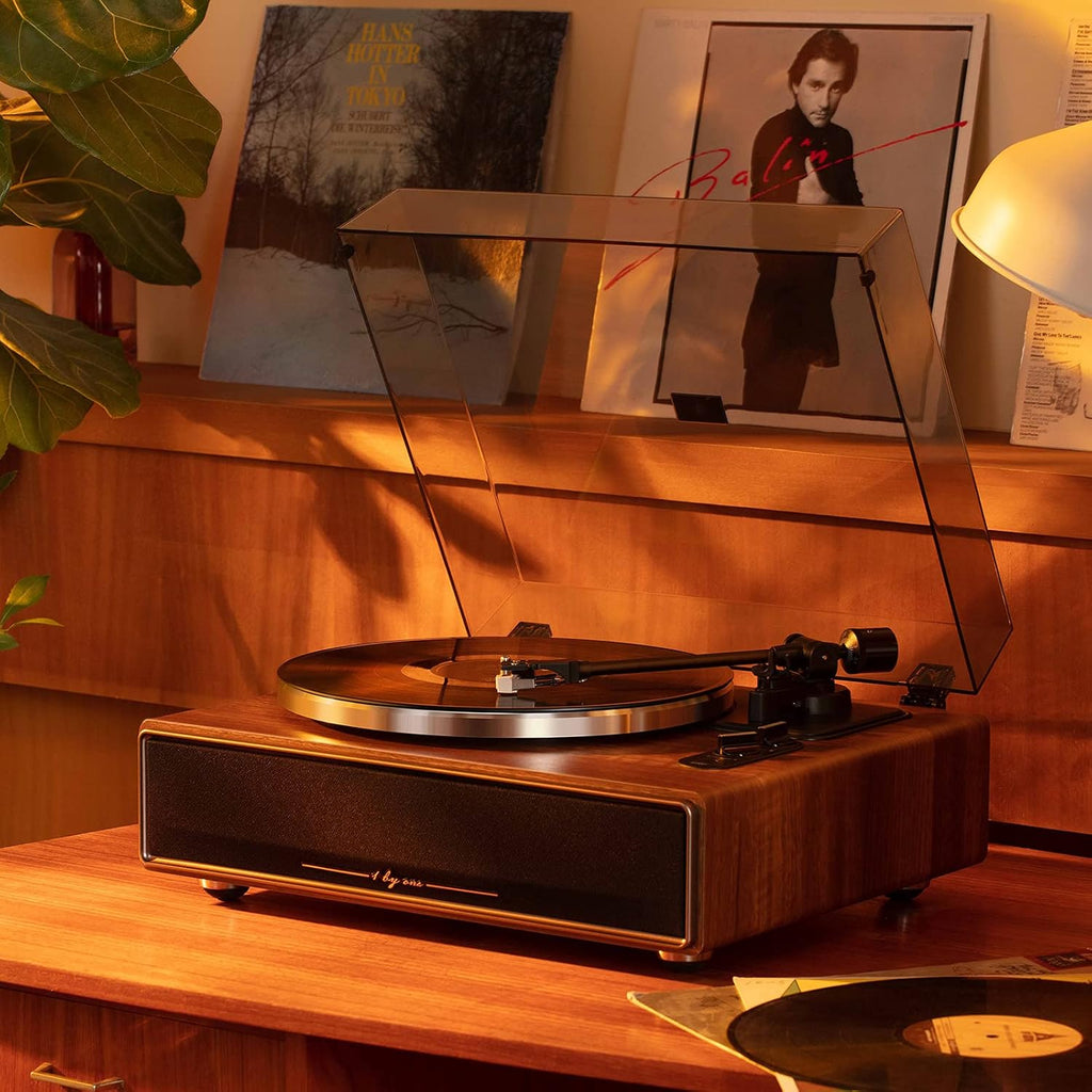 1 BY ONE High Fidelity Belt Drive Turntable with Built-in Speakers, Vinyl Record Player with Magnetic Cartridge, Wireless Playback and Aux-in Functionality, Auto Off
