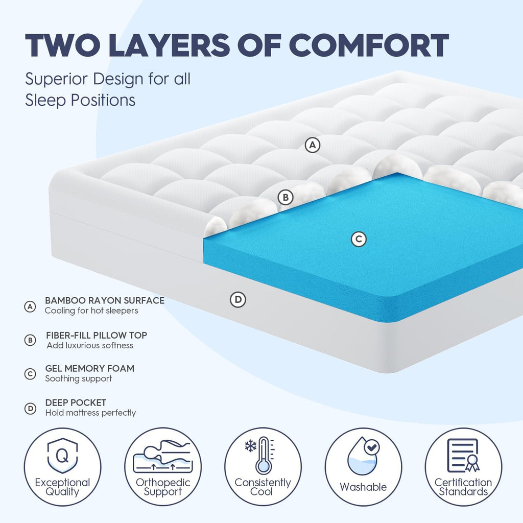 ELEMUSE Queen Size Dual Layer 3 Inch Memory Foam Mattress Topper,Cooling Gel Memory Foam Pillow Top Mattress Pad Cover for Back Pain Relief