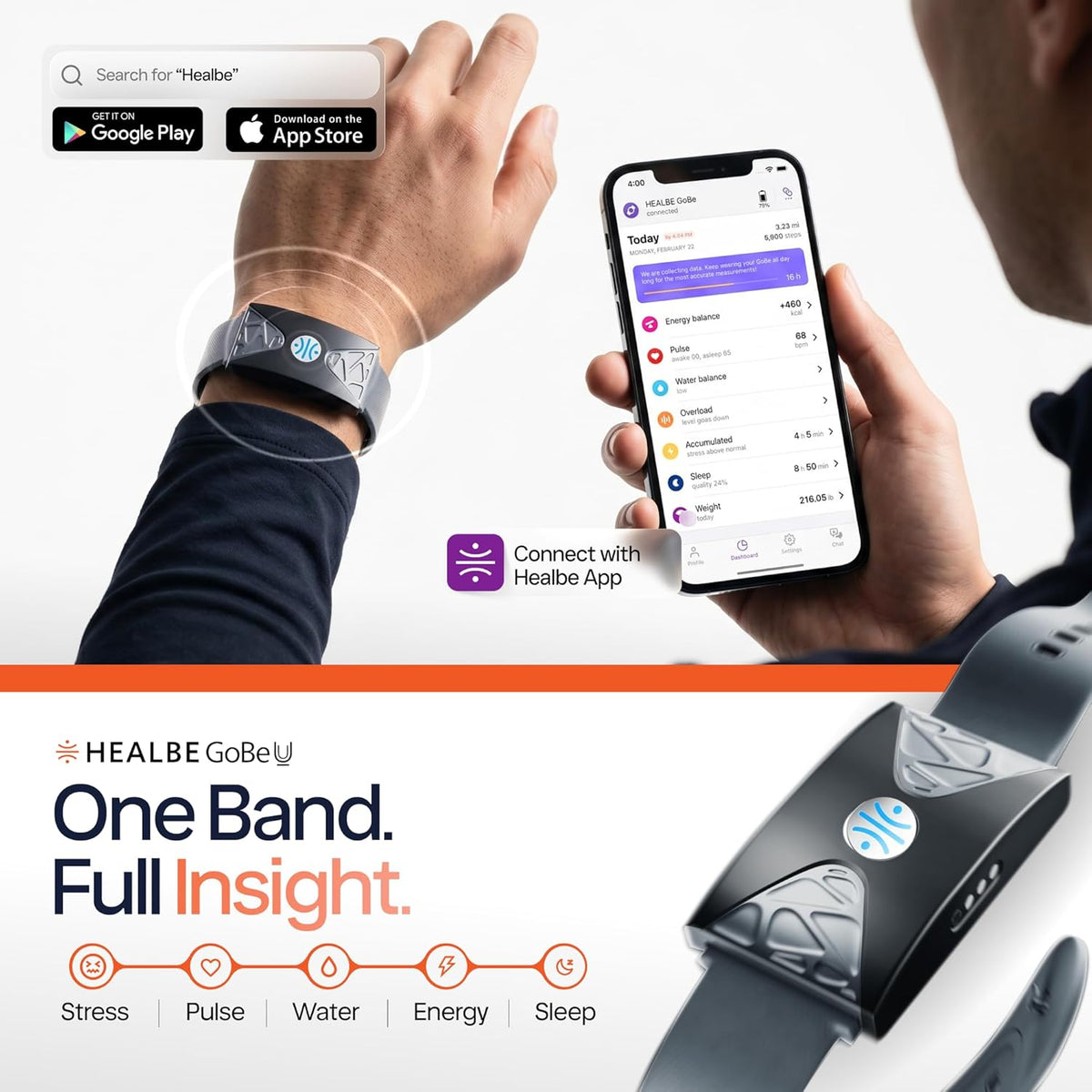 HEALBE Calorie Tracker, Automatic Calorie Intake Smart Band with App, Screen-Free Fitness Tracker, Sleep, Hydration, Stress, 24/7 Heart Rate, 5 ATM Waterproof