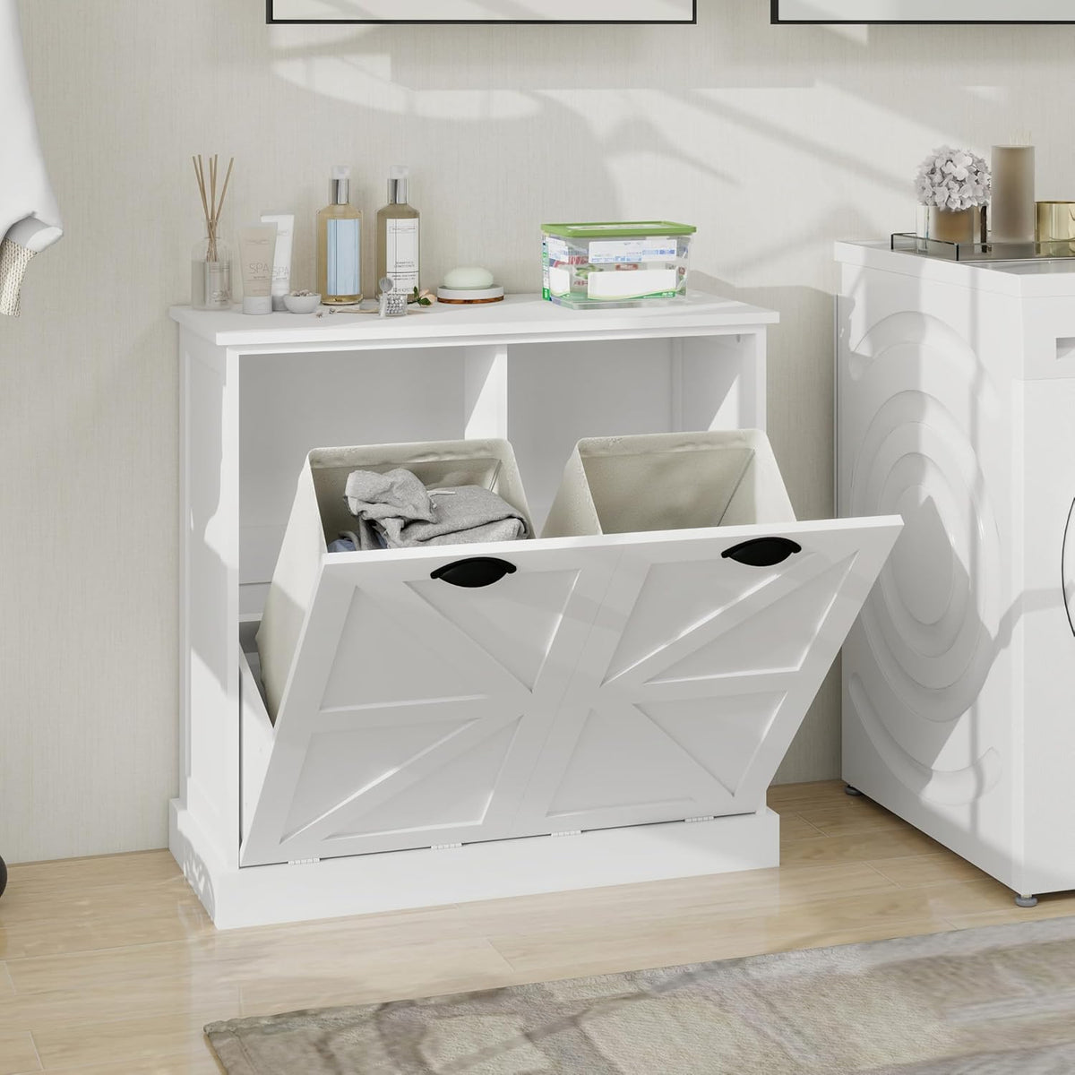 Modern Farmhouse Barn Door Double Compartment Slanted Laundry Organizer,Freestanding Hidden Laundry Cabinet with 2 Removable Liner Pockets for Bathroom(White-03)