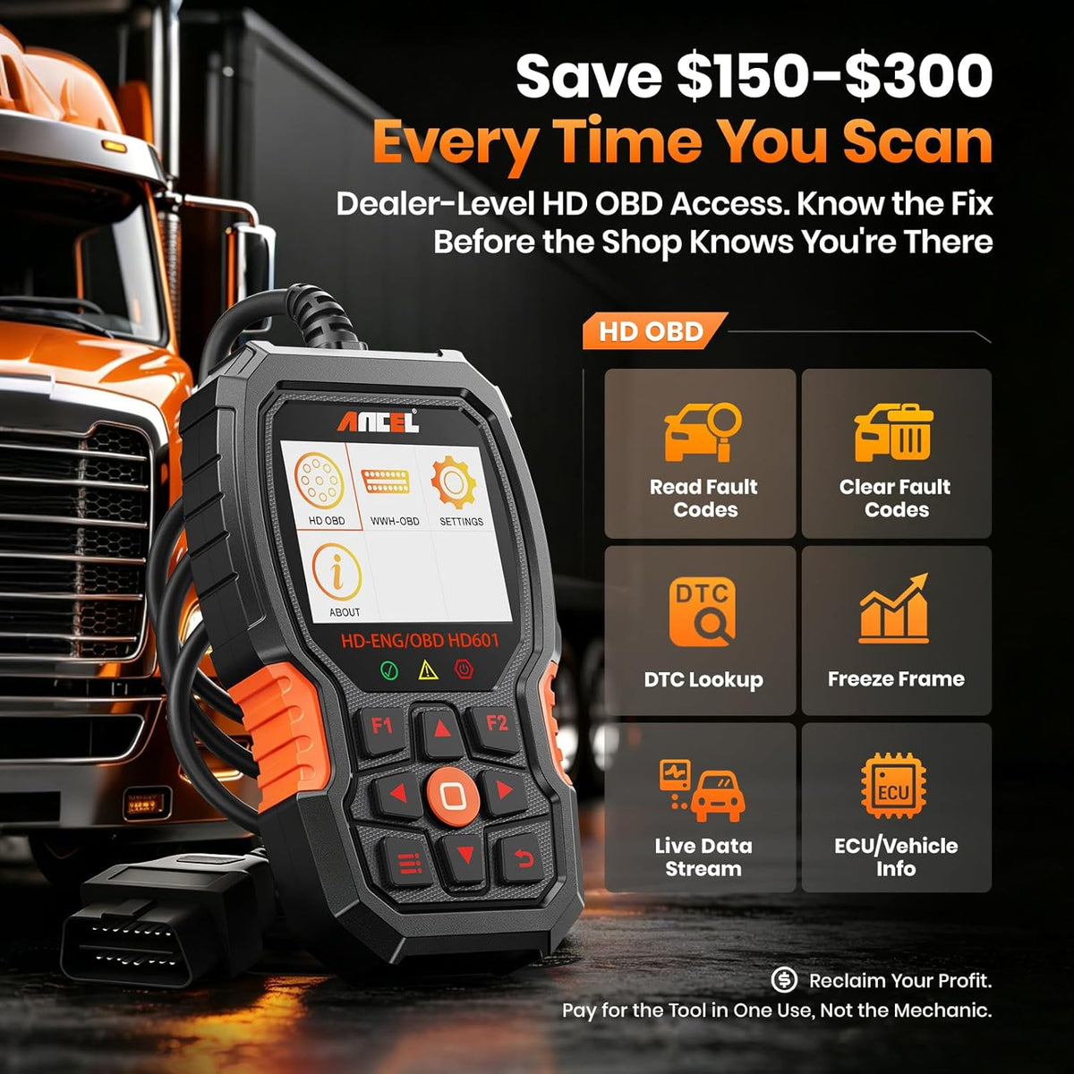 ANCEL New HD601 Heavy Duty Truck Scanner, Diesel Full System Diagnostic Scan Tool Fits for Cummins, Detroit, Volvo, Paccar & Caterpillar, 2 in 1 HDOBD & OBD2 Code Reader for Commercial Vehicles & Cars