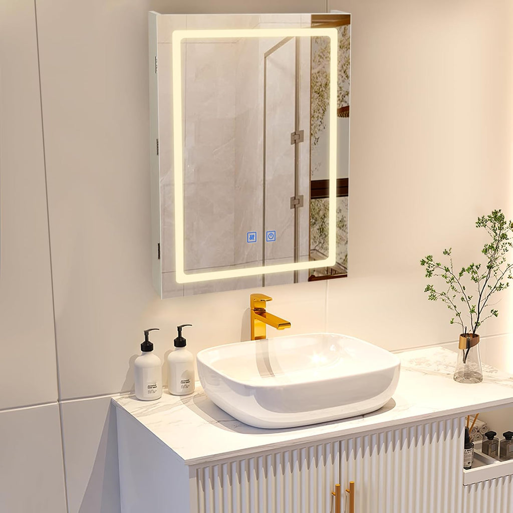 VOWNER Anti-Fog Lighted Bathroom Medicine Mirror Cabinet, Medicine Cabinet with Mirror and Lights, Dimmable, Adjustable Shelves, Memory 3-Color Mode(Engineered Wood, 24"×32")