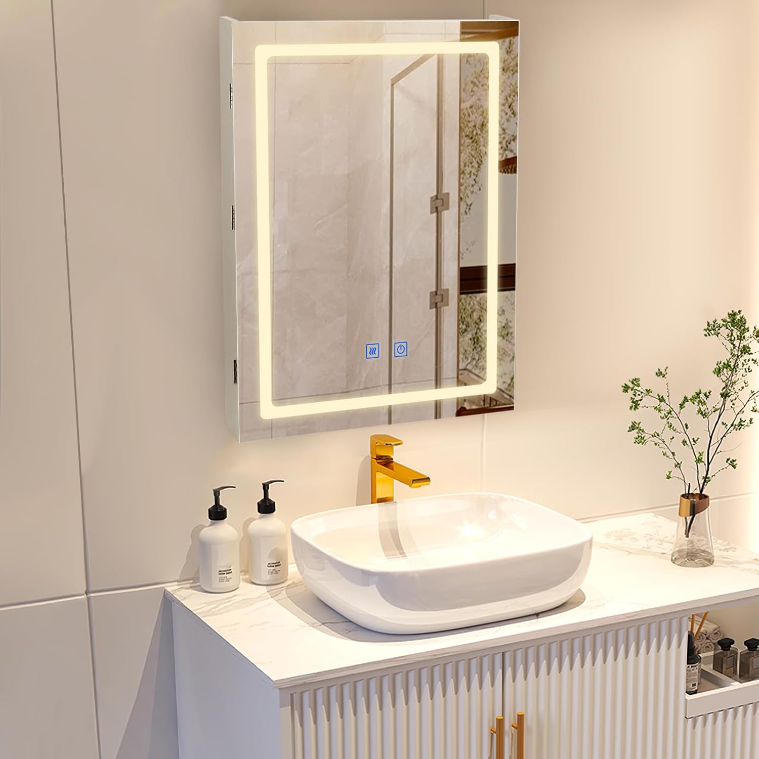 VOWNER Anti-Fog Lighted Bathroom Medicine Mirror Cabinet, Medicine Cabinet with Mirror and Lights, Dimmable, Adjustable Shelves, Memory 3-Color Mode(Engineered Wood, 24"×32")