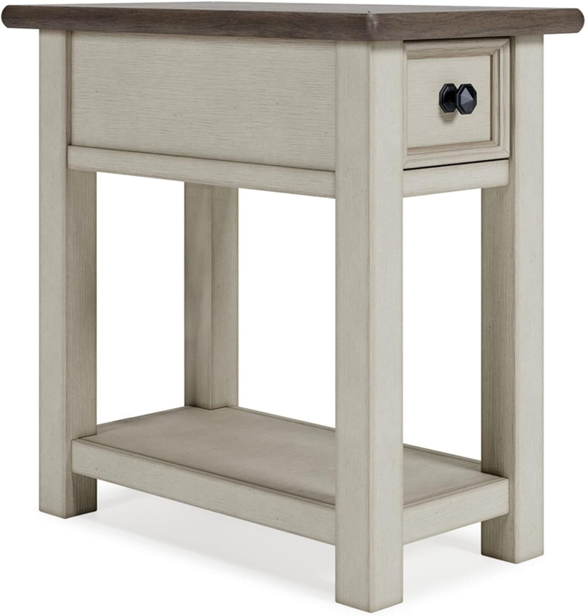 Signature Design by Ashley Bolanburg Chairside End Table With Charging Station, Two-Tone Wood Accent Table With Drawer Storage, Plank Top Design for Living Room or Bedroom, Antique White