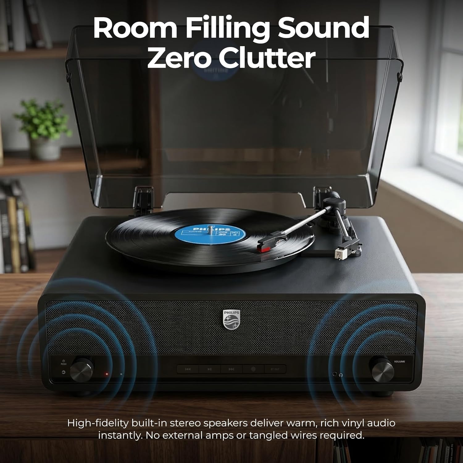 Philips Record Player, All-in-One Bluetooth Turntable with Built-in Speakers, 3-Speed Belt-Drive Vinyl Record Player, Audio-Technica Stylus, Wireless Streaming in & Out, RCA/AUX/Headphone, Auto-Stop