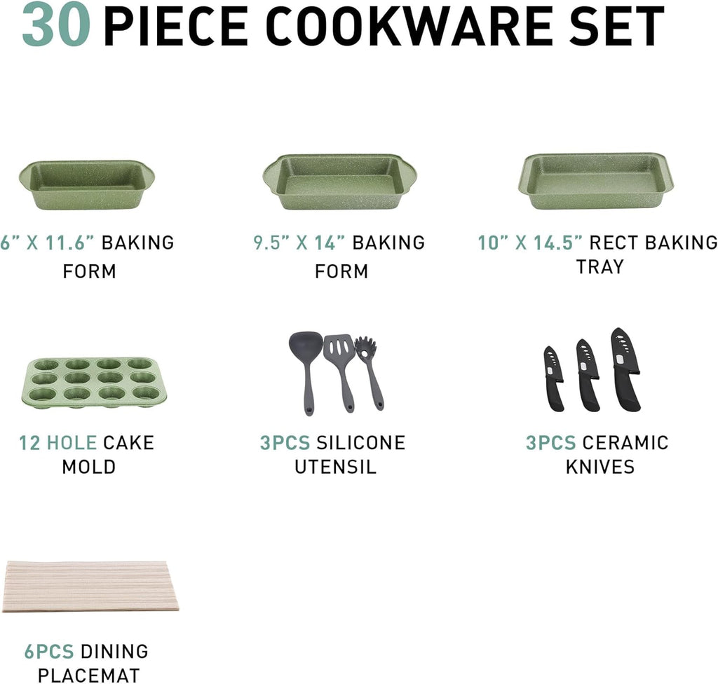 MAISON ARTS 30 Piece Pots and Pans Set Non Stick, Kitchen Cookware & Bakeware Sets with Nonstick Granite Coating, Baking Tray, Frying Pan and Saucepan, Green