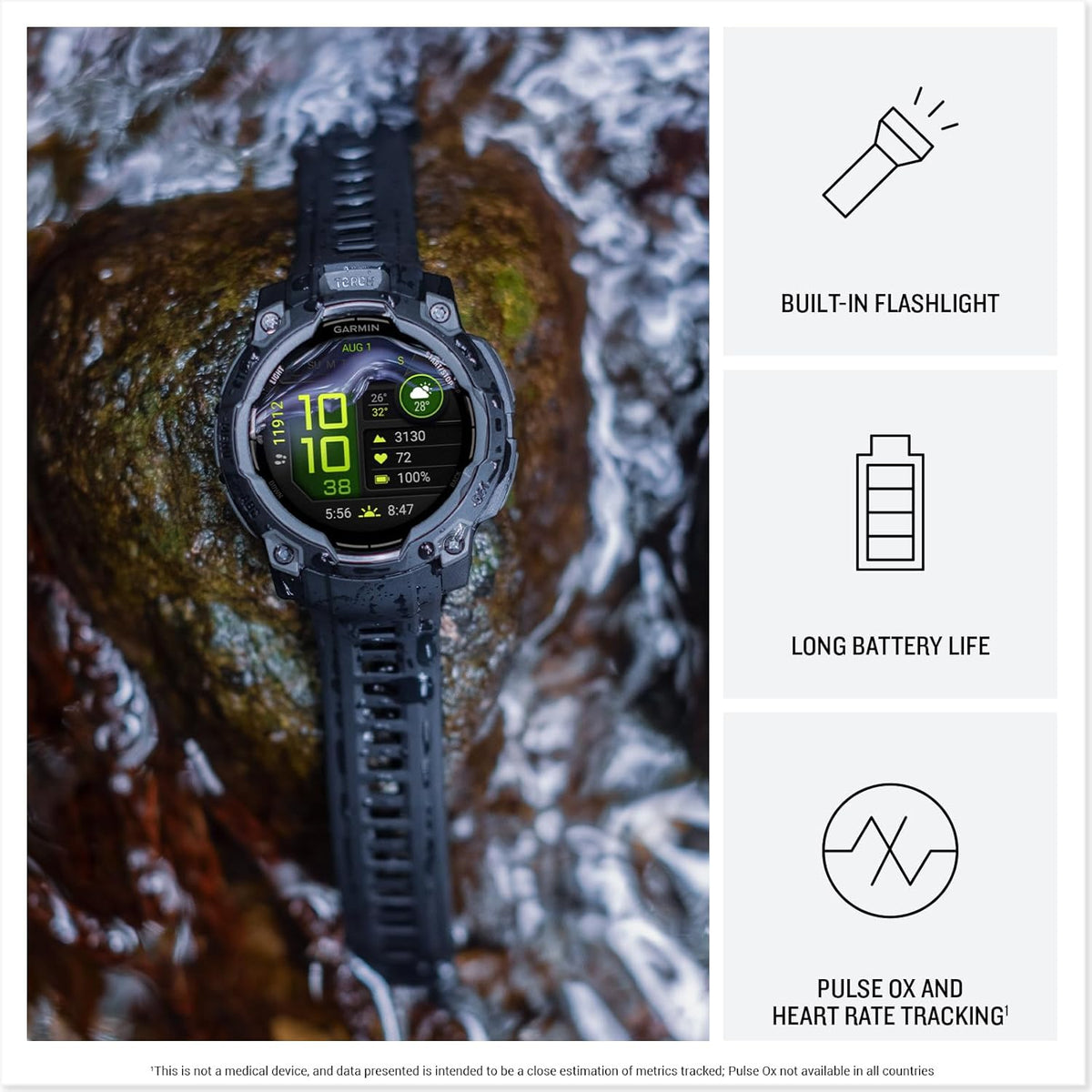 Garmin Instinct® 3 45mm, AMOLED Display, Rugged Outdoor GPS Smartwatch, Metal-Reinforced Bezel, Built-in Flashlight, Up to 18 Days of Battery Life, Black