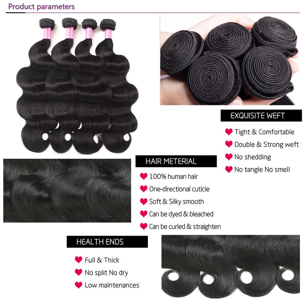 YISEA Human Hair Bundles Body Wave 4 Bundles (30 28 26 24 inches) 12A Grade Brazilian Virgin 100% Unprocessed Human Hair Body Wavy Bundles Natural Black Weave Hair Extensions