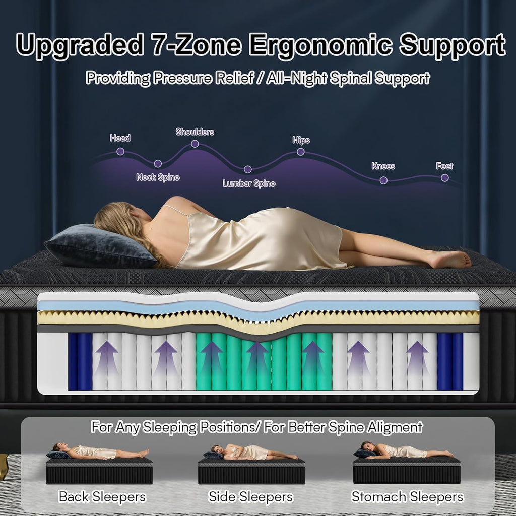 16 Inch Queen Size Mattress, Upgraded Luxury Hybrid Queen Mattress In A Box with with 7-Zone Support for Cool Night & Pressure Relief, Motion Isolation, Edge Support, Assembled in USA, Medium Firm