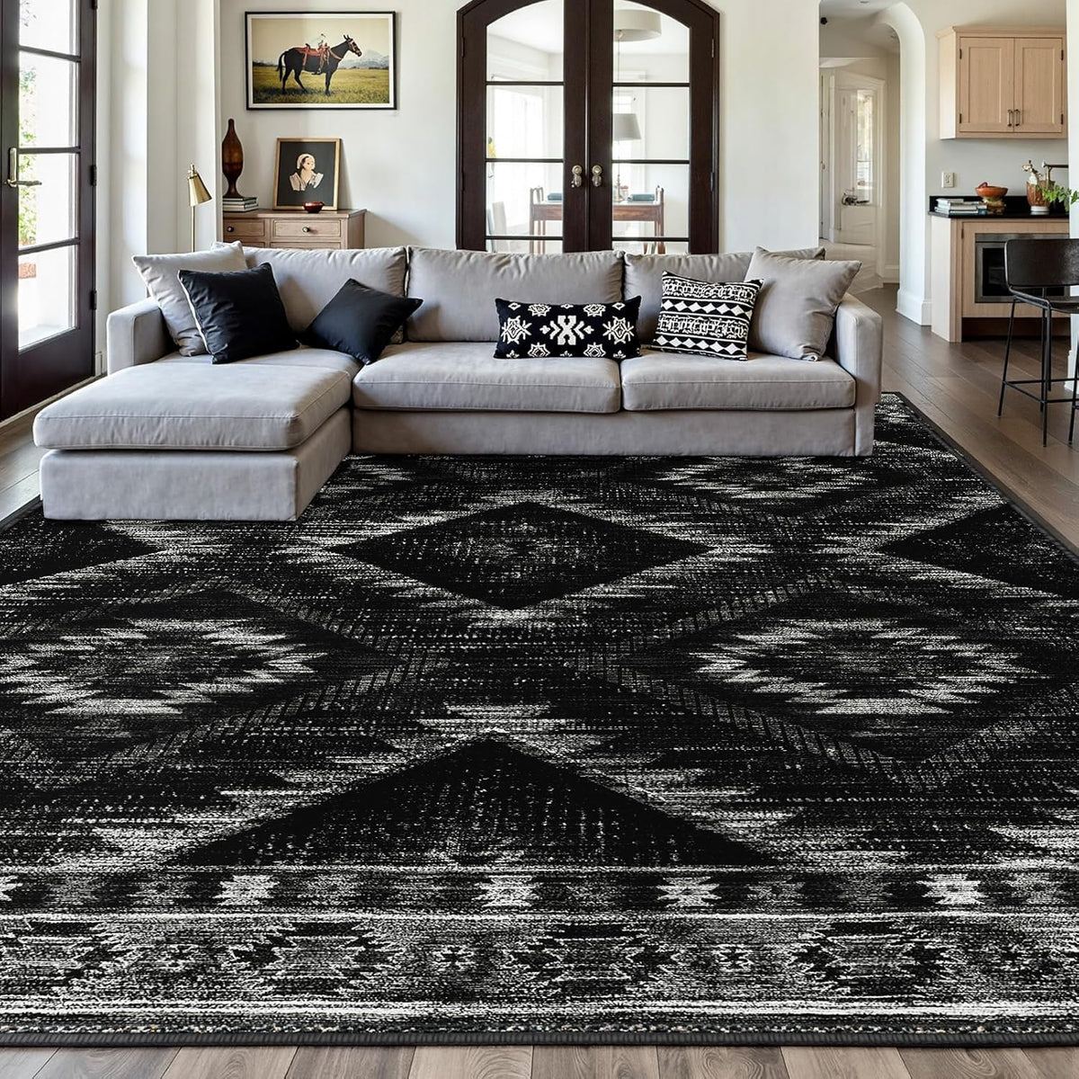 Area Rug 9x12 Rug Machine Washable Non-Slip Low Pile Print Pattern Western Rug for Living Room Bedroom Entryway Tribal Series -Black