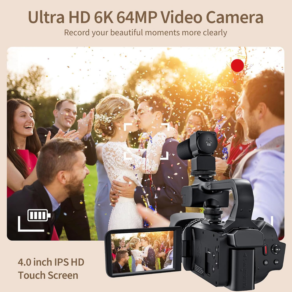 6K Camcorder Video Camera 64MP IR Night Vision Vlogging Camera for YouTube 18X Digital Zoom 4.0" Touch Screen Video Recorder with WiFi, Mic, Charger, Stabilizer, Controller, Battery and 64GB SD Card