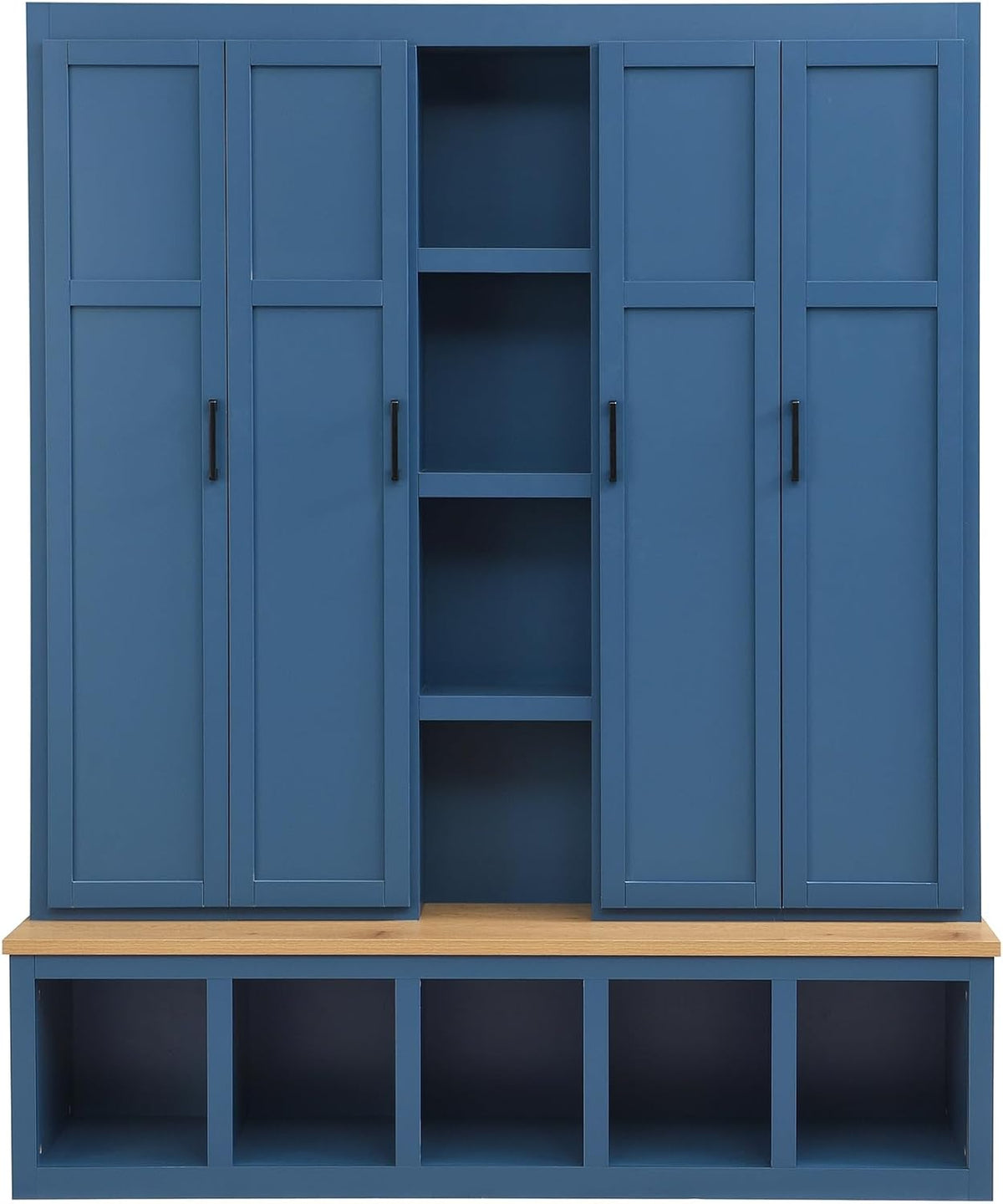 Merax Modern Farmhouse Hall Tree with Bench, 4-in-1 Entryway Storage Cabinet & Shoe Organizer with Hooks, Blue