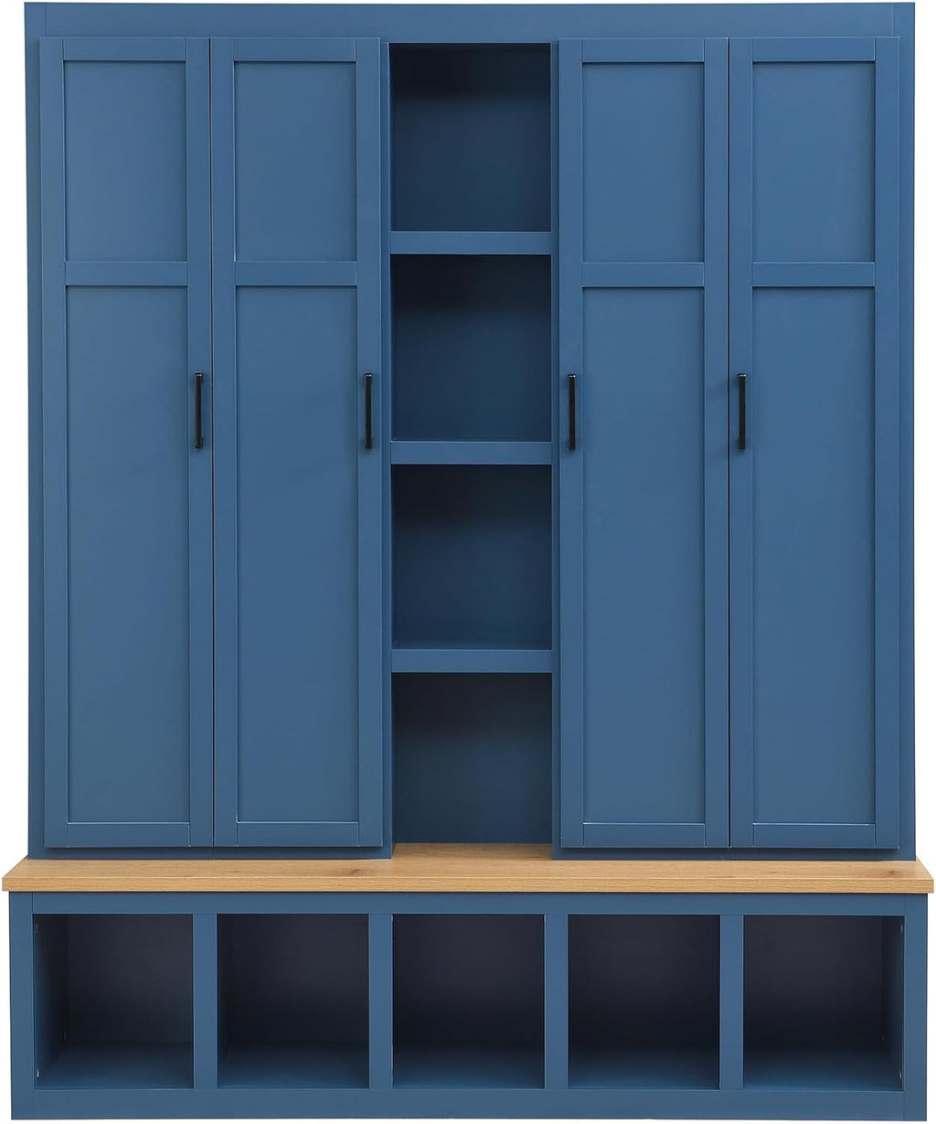 Bellemave Farmhouse 4-in-1 Hall Tree with 6 Hooks & Shoe Storage - 62.9" Wide Entryway Cabinet with Seating Bench and Open Compartments for Mudroom, Hallway, Blue
