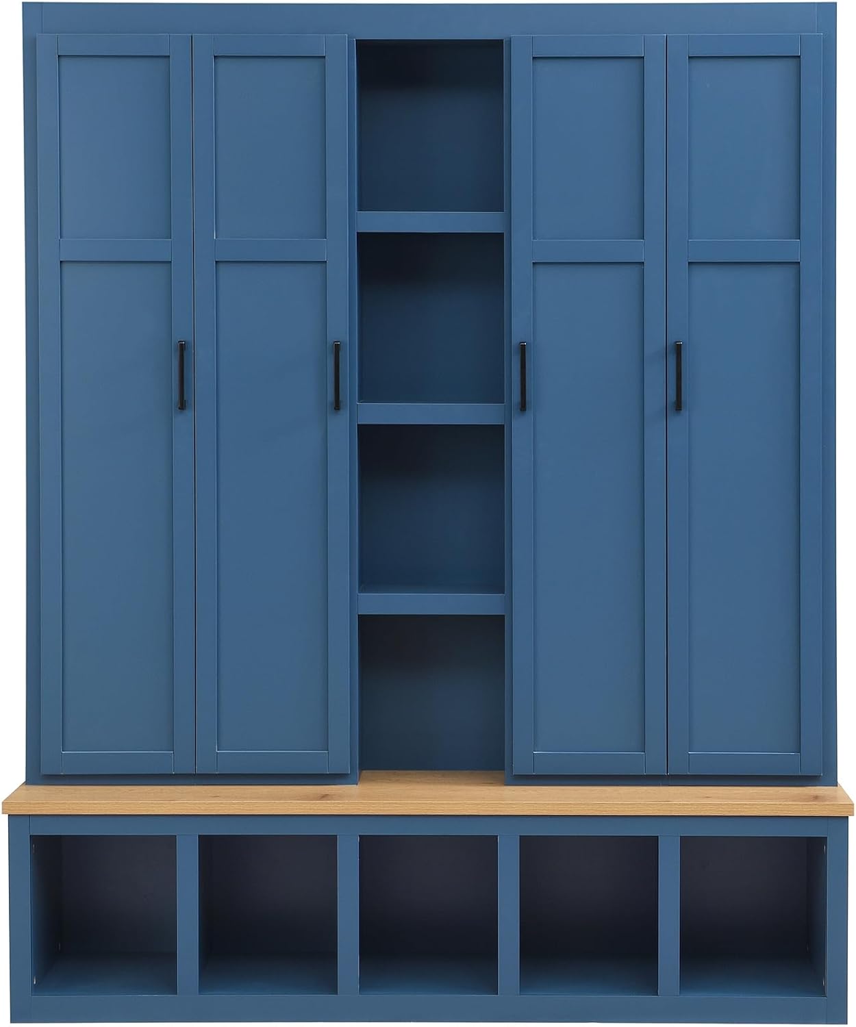 Bellemave Farmhouse 4-in-1 Hall Tree with 6 Hooks & Shoe Storage - 62.9" Wide Entryway Cabinet with Seating Bench and Open Compartments for Mudroom, Hallway, Blue