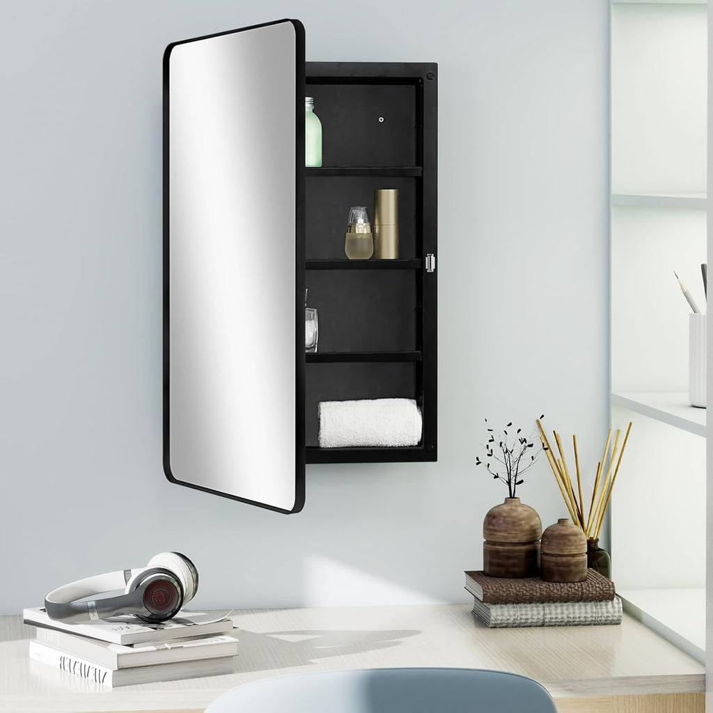 Fundin Black Plastic Medicine Cabinet, Mirror Door with Round Corner Metal Frame, Recessed and Surface Mount Bathroom Wall Medicine Cabinet, 16 x 28 inch Mirror Size