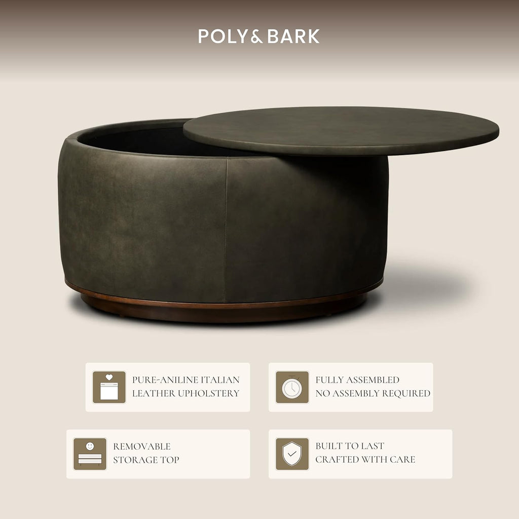 Poly & BARK Herve Storage Ottoman – Round Italian Full-Grain Leather Ottoman with Hidden Storage – Solid Wood Base in Walnut Finish – Olivine Green