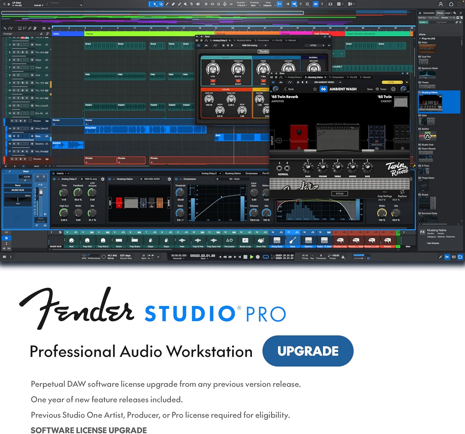 Fender Studio Pro 8 — Perpetual License Upgrade PC/Mac Online Code Full Music Production Software, Digital Audio Workstation, Guitar Recording Software, Fender Amp Modeling, Audio-to-MIDI Tools, Mix & Master, Unlimited Tracks