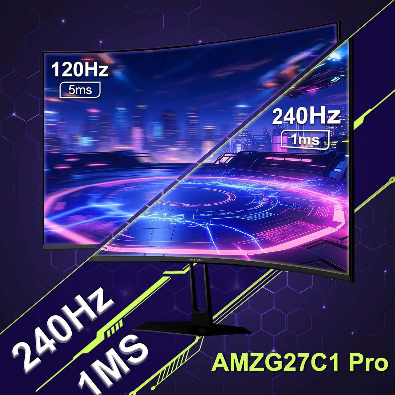 Amzfast 27 inch 240Hz Curved Monitor, FHD 1080p Gaming Monitor, Built-in Speakers, FreeSync, MPRT 1ms, 130% sRGB, 4000:1, 1500R, VESA Mount, HDMI 2.0&DP 1.4, 12 Months Warranty Exchange, AMZG27C1 Pro