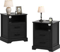 ChooChoo Farmhouse Night Stands with Charging Station, Wood Nightstand Set of 2 with 2 Drawers, Bedside Table with Open Storage Shelf for Bedroom, Black