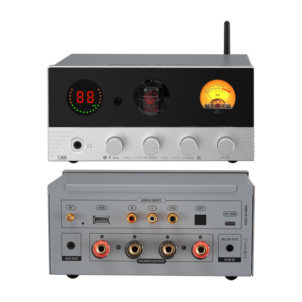 SUCA Audio X10 Tube Power Amplifier, USB/Optical/Coaxial/USB Flash Drive/RCA to AUX/Speaker DAC Amp, 2.1Channel Audio Stereo Amp Support 165W Power Output, 3.5mm Headphone Amp, Silver