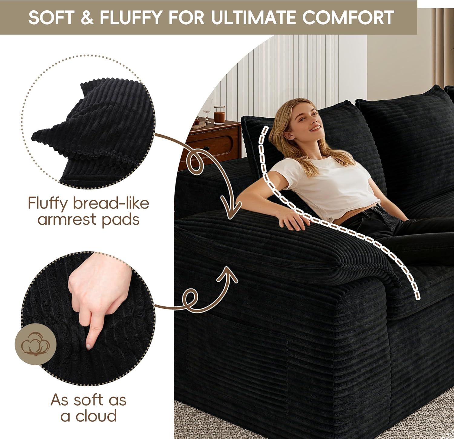 2 Pieces Cloud Sectional Couch Sets, Convertible Modular Sofa with Deep Seat, 104" L-Shaped Boneless Couches and 76" Loveseat Set for Living Room. Black