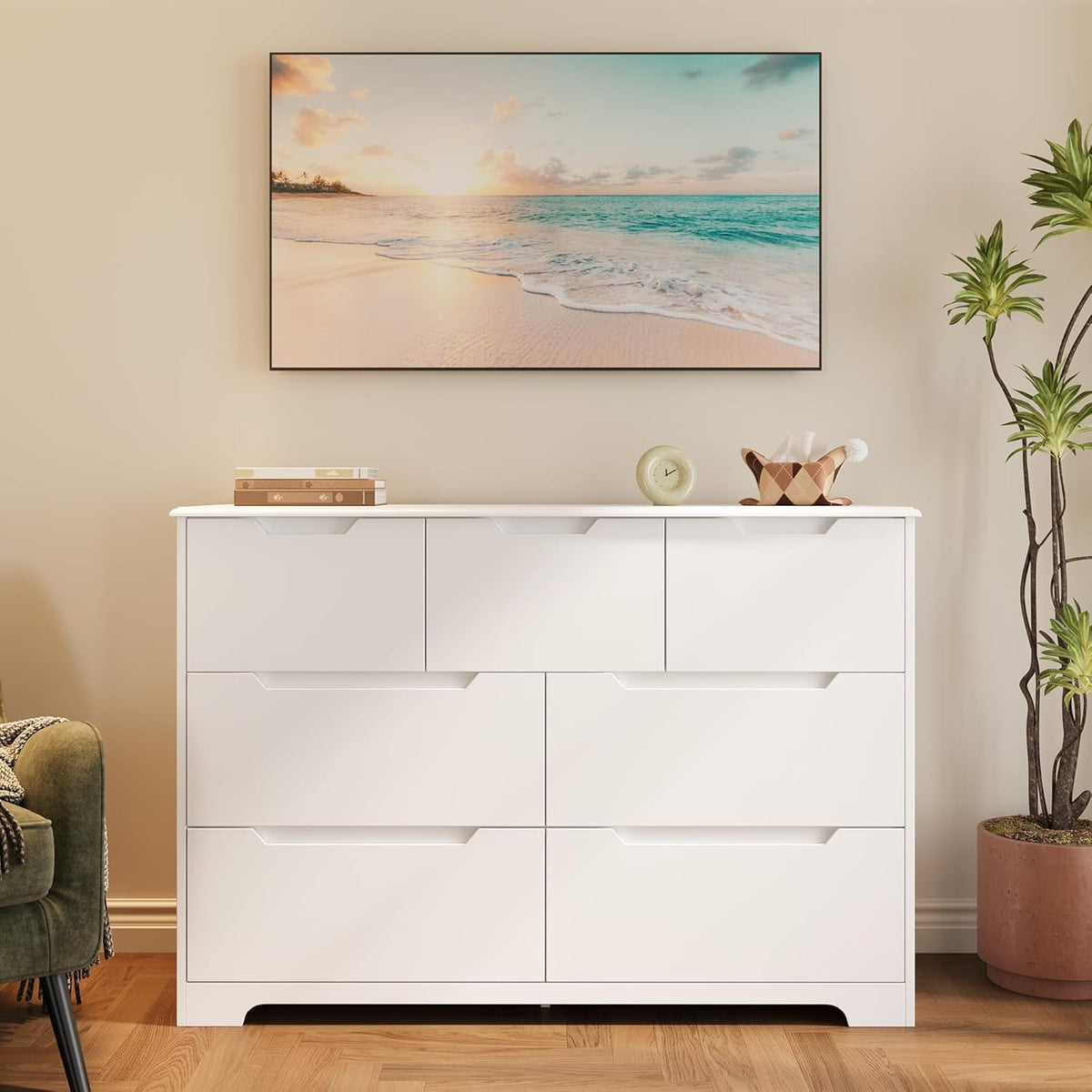 Gizoon 7 Drawer Dresser, 48" Wide White Dresser for Bedroom, Chest of Drawers with Handle Free Design, Modern Storage Organizer for Living Room, Kids Room, Entryway, Hallway, White