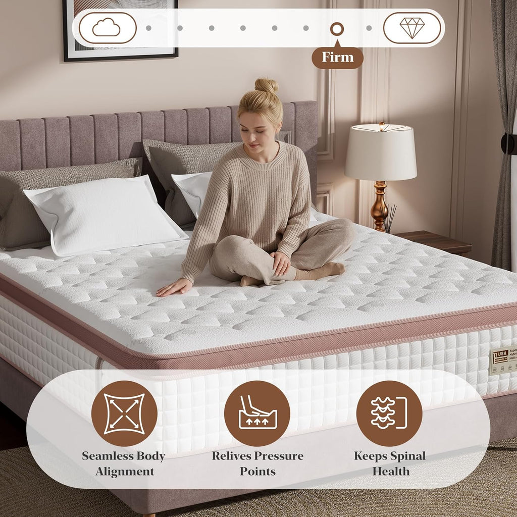 Queen Mattress 14 Inch, Firm Hybrid Mattresses in a Box for Spinal Alignment and Back Pain Relief, Motion Isolation, CertiPUR-US & Fiberglass-Free,
