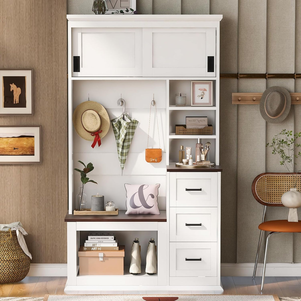 40.2" W Hall Tree with Bench and Shoe Storage, Modern Entryway Bench with 3 Hooks, 3 Shelves and Drawers for Living Room, Hallway, Entryway, White