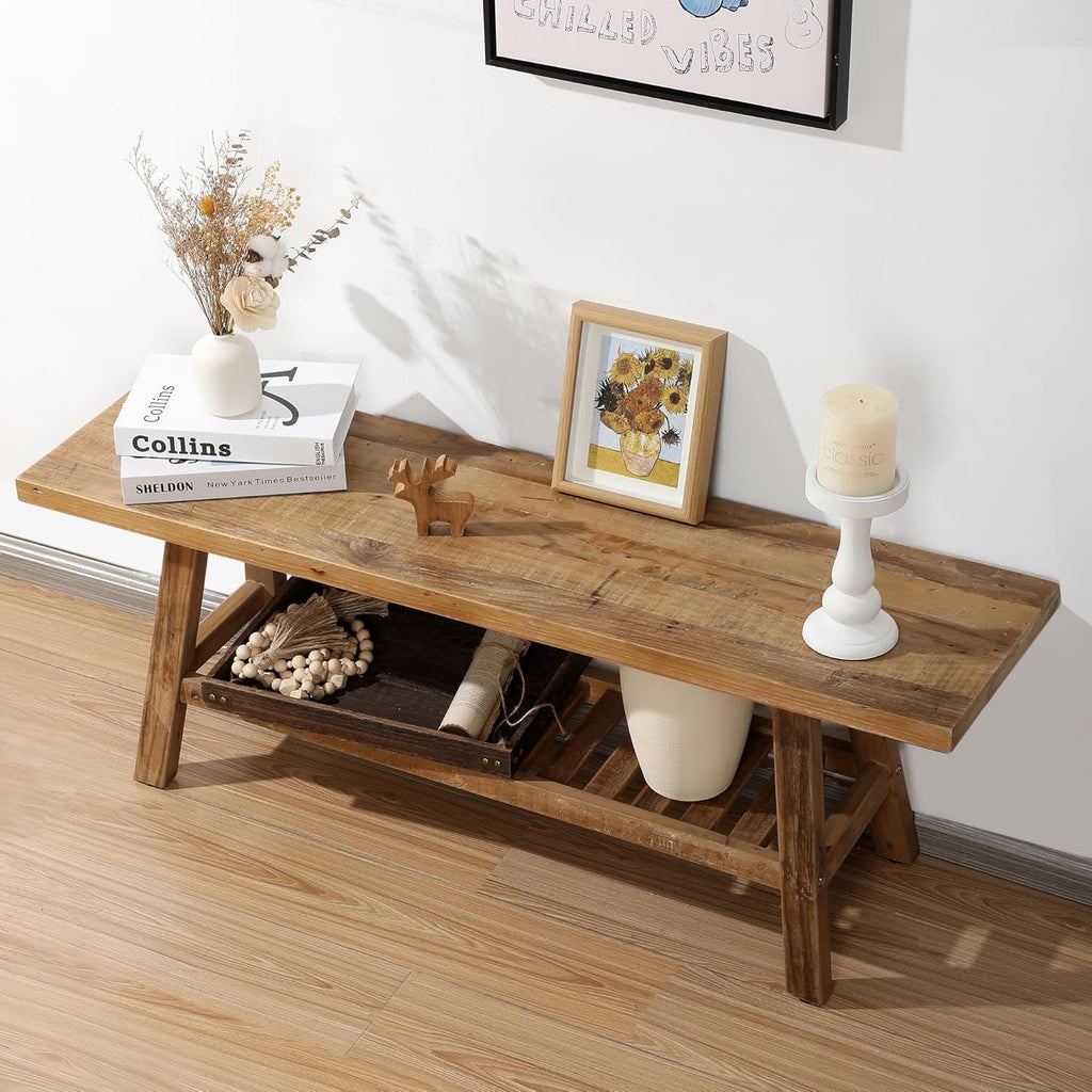 HOKYHOKY Reclaimed Solid Wood Bench-43.3" Farmhouse Entryway Bench with Storage Shelf, Narrow Rustic Bench for Hallway, Kitchen, Bedroom, Dining