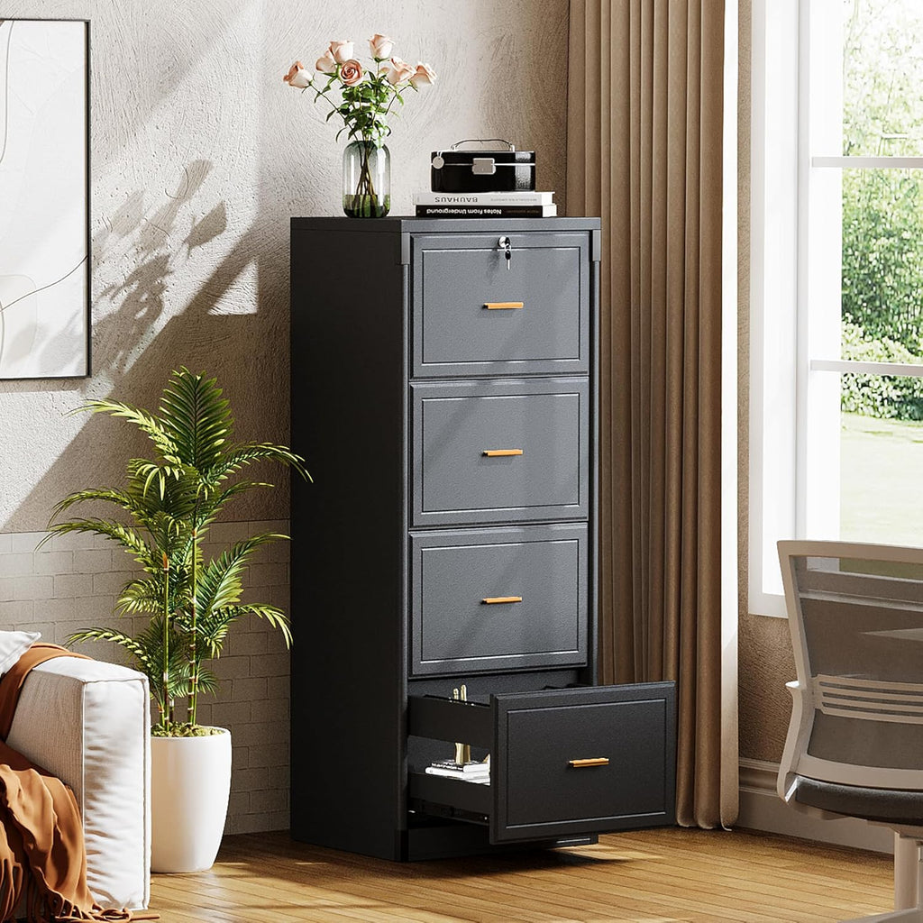 Tribesigns 4-Drawer File Cabinet with Lock, Locked File Cabinet with Key, Tall Wooden Filing Cabinets for Home Office, Vertical Office Storage for Legal Size/Letter/A4/Files, Black