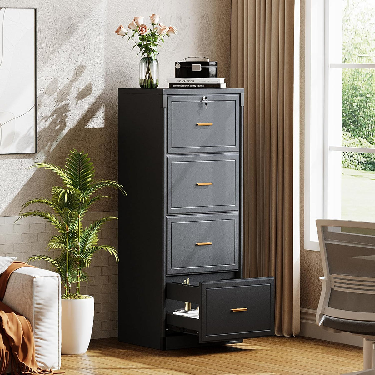 Tribesigns 4-Drawer File Cabinet with Lock, Locked File Cabinet with Key, Tall Wooden Filing Cabinets for Home Office, Vertical Office Storage for Legal Size/Letter/A4/Files, Black