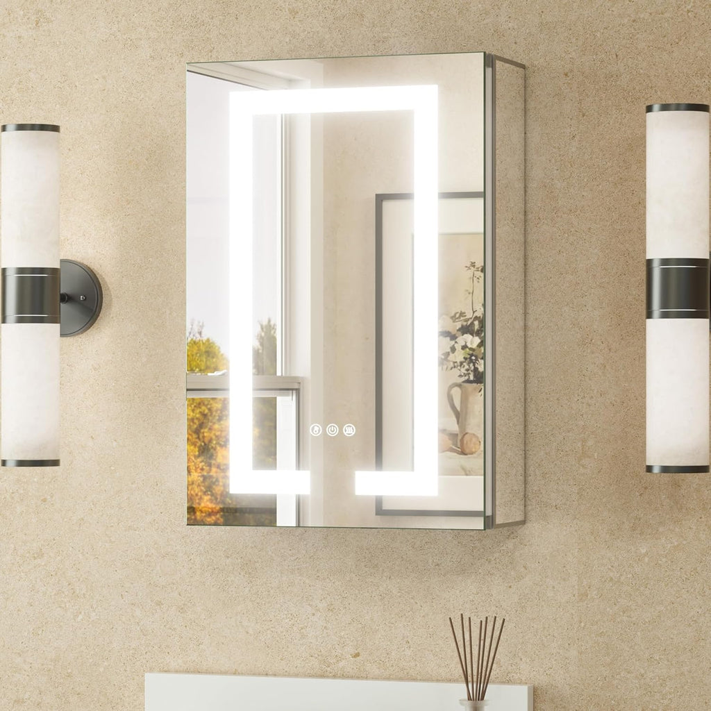 TETOTE LED Lighted Medicine Cabinet Mirror with Tempered Glass 16 x 24 Recessed or Surface Mount Bathroom Cabinet with Lights and Storage, Outlets & USB, 3-Color Dimming, Defog, Adjustable Shelves