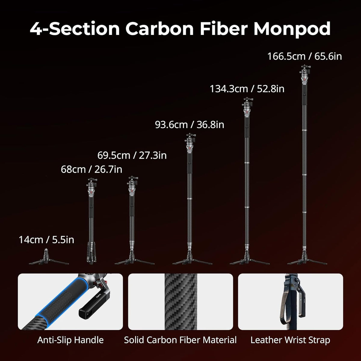 SmallRig 166.5cm / 65.6" Carbon Fiber Monopod for Camera, Compact Camera Monopod with One-Touch Height Adjustment, Max. 5kg Playload Ball Head, Storage Size of 68cm / 26.8", Weighs 1.72kg / 3.8lb