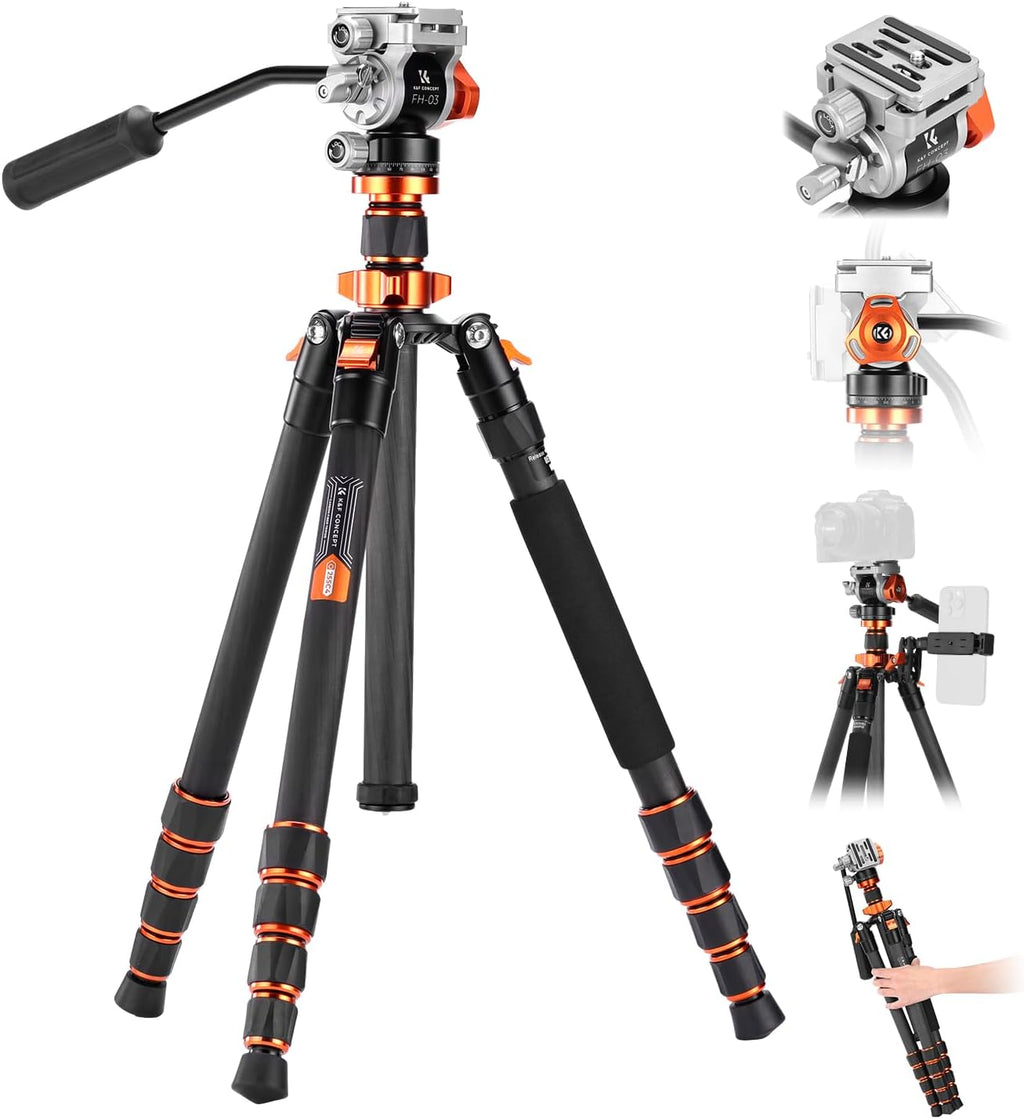 K&F CONCEPT Tripod for Camera .68'' Carbon Fiber Tripod with Fluid Head Max Load 11lb, Lightweight DSLR Camera Tripods & Monopods for Canon Sony Nikon.