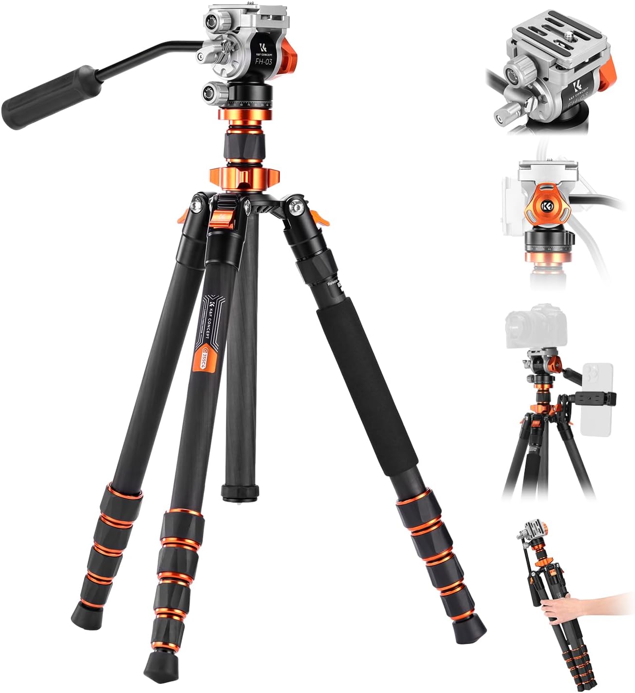 K&F CONCEPT Tripod for Camera .68'' Carbon Fiber Tripod with Fluid Head Max Load 11lb, Lightweight DSLR Camera Tripods & Monopods for Canon Sony Nikon.