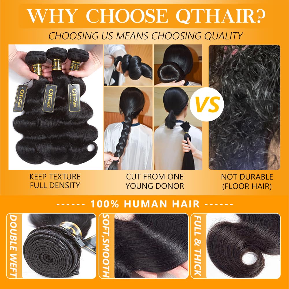 QTHAIR Brazilian Virgin Hair 18A Grade Body Wave Bundles 100% Unprocessed Virgin Brazilian Body Wavy Human Hair Bundles 20" 18" 16" 300g Brazilian Body Wave Human Hair Extensions
