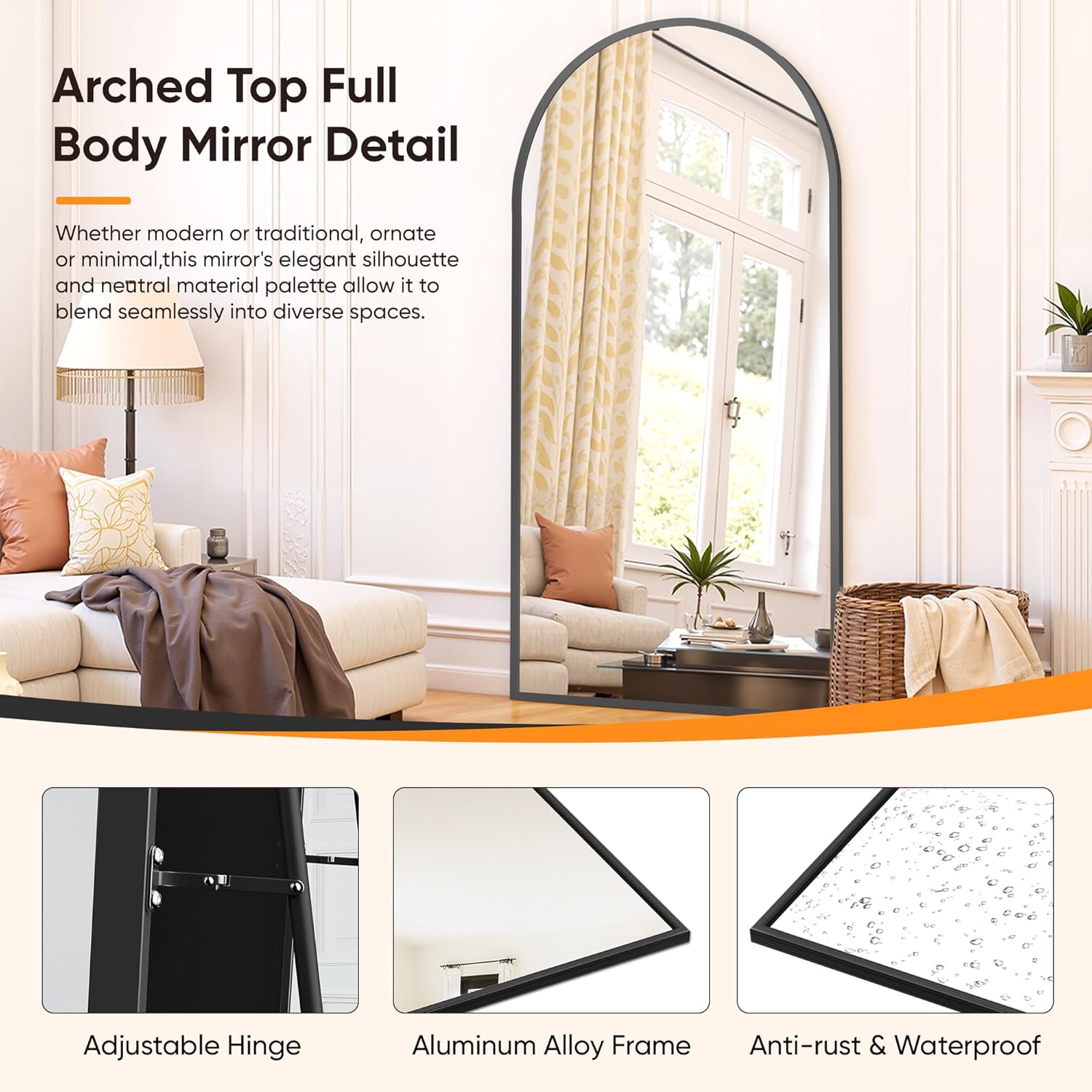 Suidia Full Length Mirror, 71"x32" Floor Standing Mirror Freestanding, Full Body Mirrors with Stand for Bedroom, Hanging Mounted for Living Room Cloakroom, Black, Arched Style