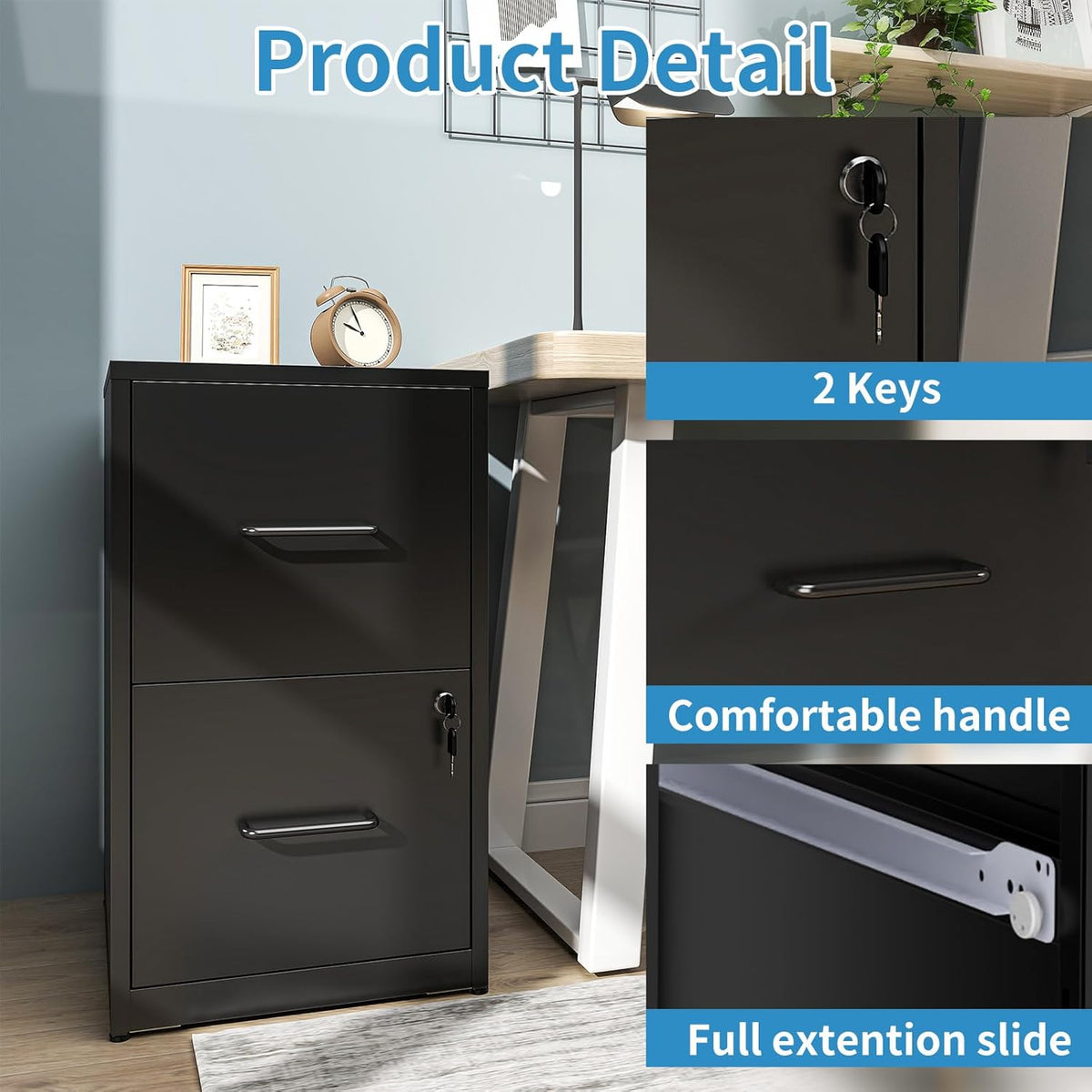 2 Drawer File Cabinet with Lock, Metal Vertical File Cabinets for Home Office, Office Furniture for Organization Hanging Legal/Letter/A4, Office File Cabinet Storage Cabinet, Require Assembly, Black