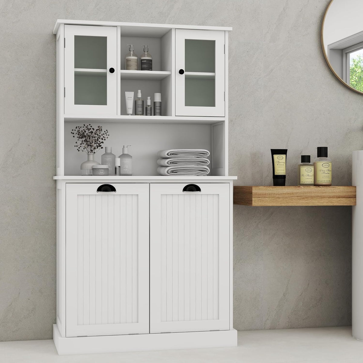 Tilt-Out Laundry Hamper Cabinet, 60-inch Tall Bathroom Cabinet with 2 Large Pull-Out Laundry Baskets, Glass Doors, and 2 Adjustable Shelves, Bathroom Organizer Cabinet for Laundry and Balcony, White