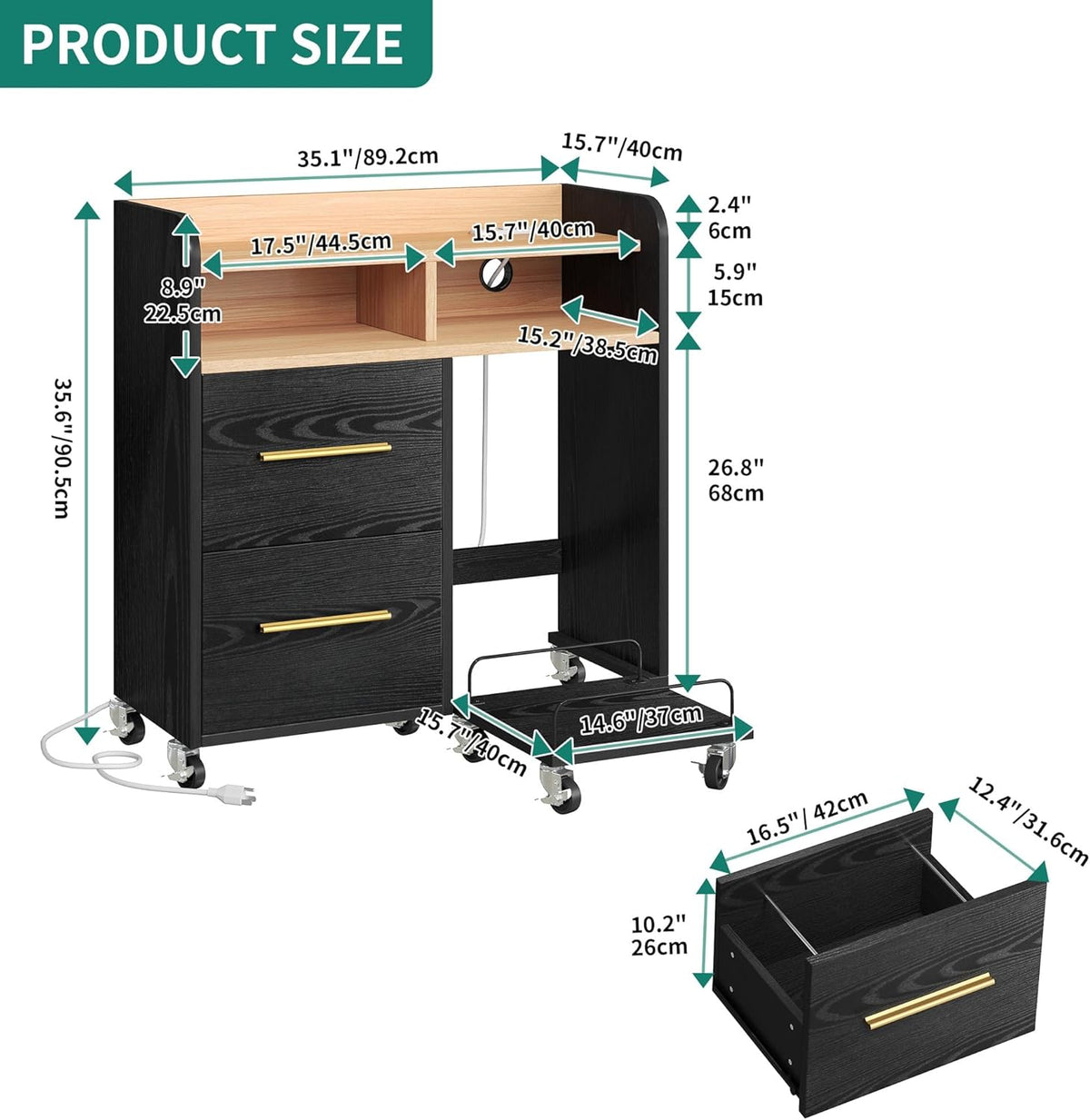 YITAHOME File Cabinet with Charging Station, Printer Table Cabinet for Home Office, Printer Stand Cart, Fits A4, Letter, Legal Size Files, Office Furniture, Black