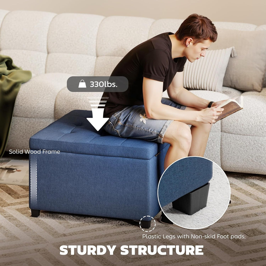 HOMCOM Storage Ottoman Coffee Table with Flip Top Seat Lid, Tufted Upholstered Footstool with Wood Frame for Living Room, Entryway, Bedroom, Blue
