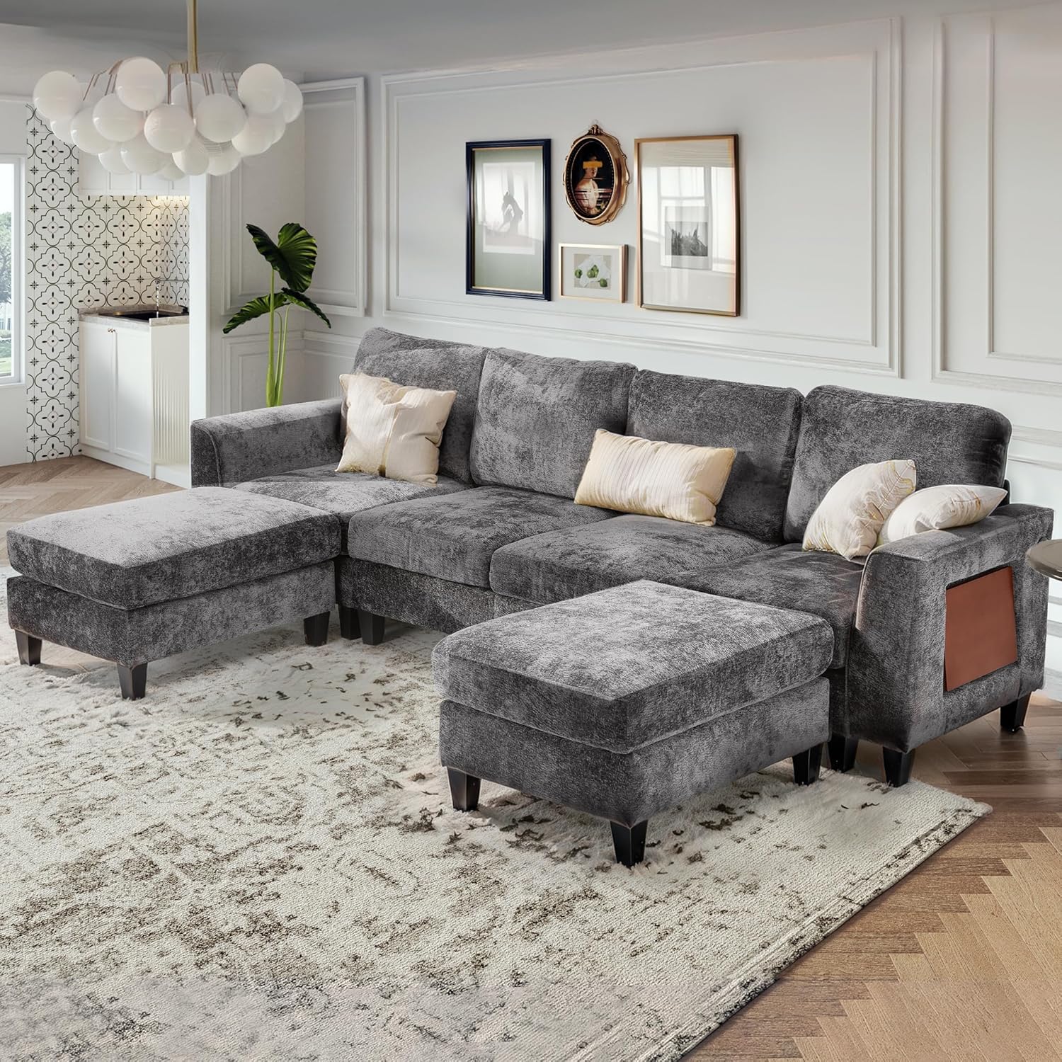 COLAMY 118" Modular Sectional Cloud Couch, Midcentury Modern 4-Seat U-Shaped Sofa, with USB Type C Ports, Foldable Side Table and 2 Ottomans, for Home Living Room, Grey