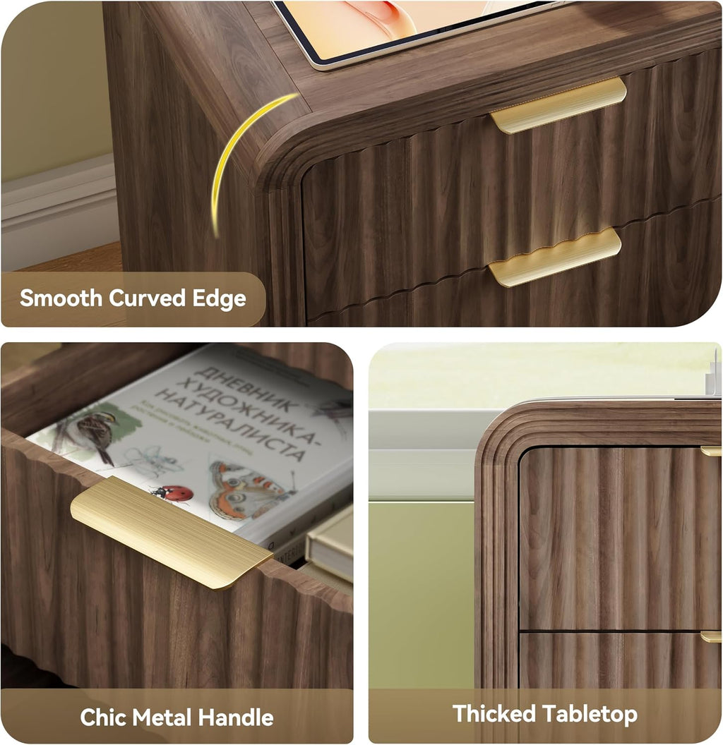 Decofy Fluted Nightstand with Charging Station, Modern Bedroom Side Table with Gold Handles, Curved Profile Design, End Table Wood Organizer for Bedroom, 19.7" & 3 Drawers (2 Pack, Walnut)