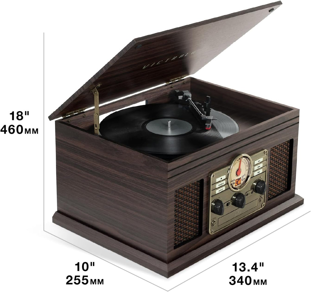 Victrola The Quincy 6-in-1 Bluetooth Record Player & Multimedia Center with Built-in Speakers – 3-Speed Turntable, CD & Cassette Player, FM Radio, Wireless Music Streaming (Espresso)