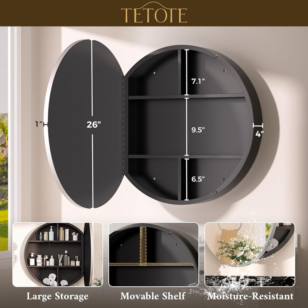 TETOTE Bathroom Mirror Cabinet 28 x 28 Matte Silver Gray Round Bathroom Medicine Cabinet with Mirror Adjustable Shelves Farmhouse Wall Mirror with Storage Surface Mounted