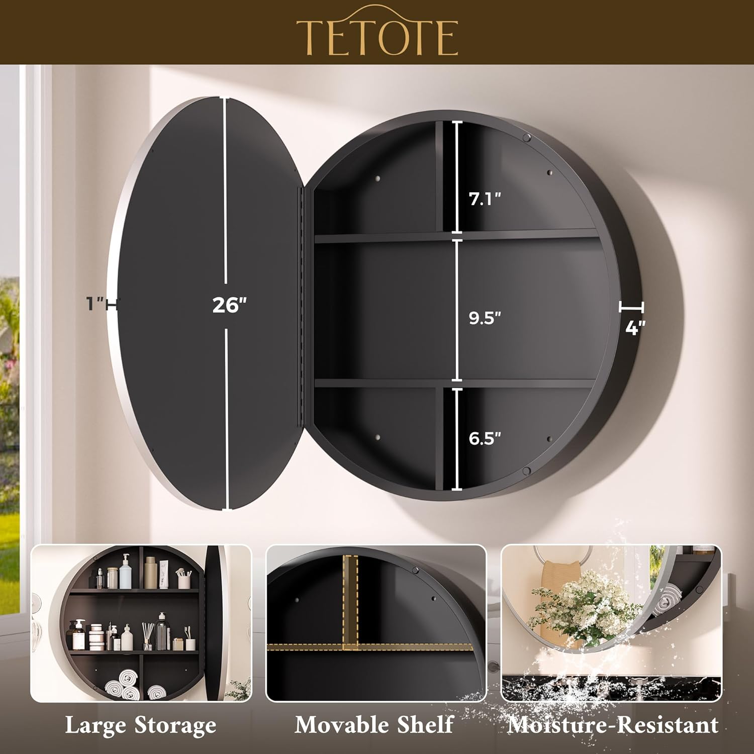 TETOTE Bathroom Mirror Cabinet 28 x 28 Matte Silver Gray Round Bathroom Medicine Cabinet with Mirror Adjustable Shelves Farmhouse Wall Mirror with Storage Surface Mounted