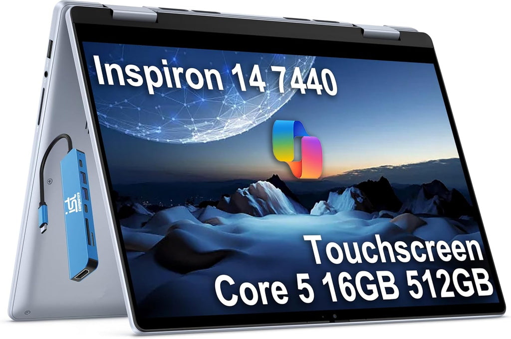 Dell Inspiron 14 7440 2-in-1 Laptop (14" FHD+ Touchscreen, Intel Core 5 120U (>i7-1355U), 16GB DDR5, 512GB SSD) for Creator, Designer, Backlit, 10Hr Long Battery Life, IST HUB, Win 11 Pro w/AI Copilot