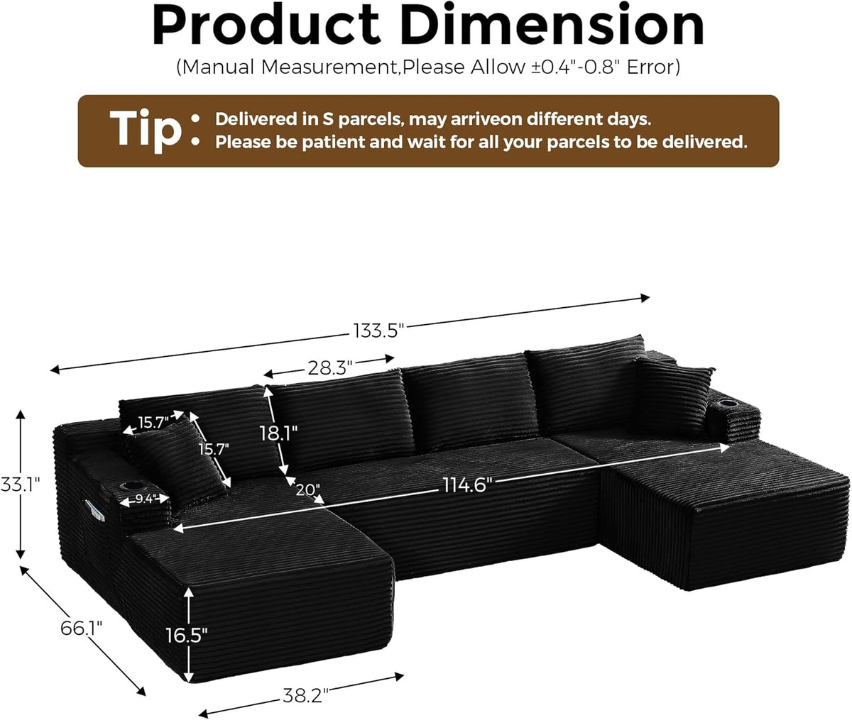 133" Oversized Cloud Boneless Sofa Couch with Chaise, Modern Corduroy U Shaped Modular Sectional Sofa with Deep Seat, Comfy Couch with Cupholders and Storage, No Assembly Required-Black