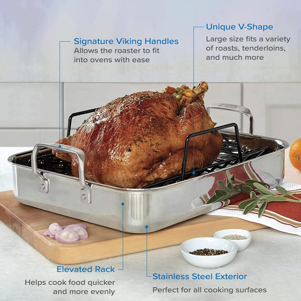 Viking 3-Ply Stainless Steel Roasting Pan with Non Stick Rack, 16 x 13 Inch Kitchen Cookware, Great for Turkey, Dishwasher and Oven Safe, Induction Ready, Silver