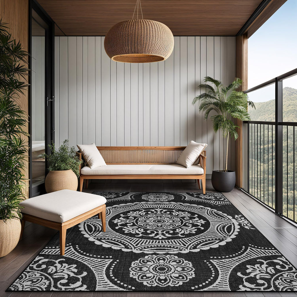 Luul Home Medallion Outdoor Rug 6x9 Washable Outside Carpet for Indoor Patio Porch Waterproof Easy Cleaning Non Shedding Area Rugs Black 6 x 9